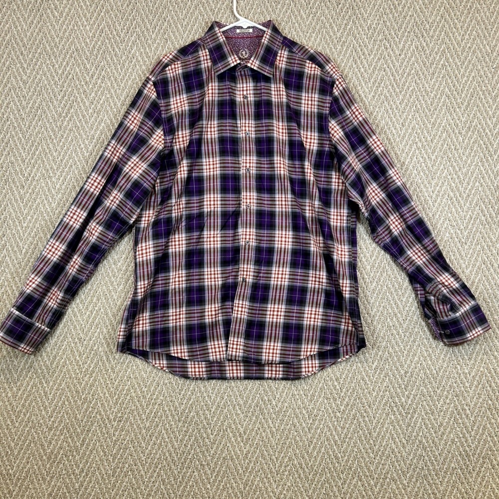 Bugatchi Uomo Shirt Mens XL Purple Shaped Fit Plaid Button Down Long Sleeve